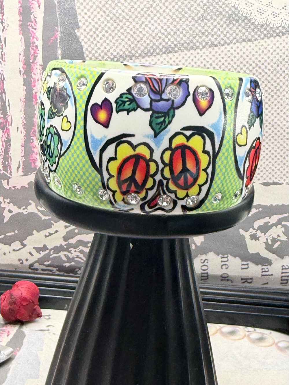 Weekend sale! Dia De Los Muertos Green Sugar Skull Wide Cuff Bracelet with Cryst